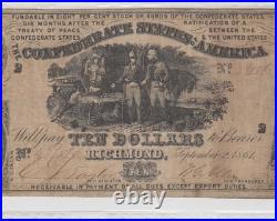 T-30 $10 1861 Confederate States Civil War Obsolete Banknote Currency, PCGS VF25