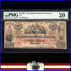 T-31 1861 $5 Confederate Currency PMG 20 CIVIL WAR MONEY 8065