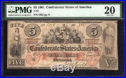 T-31 1861 $5 Confederate Currency PMG 20 CIVIL WAR MONEY 8065