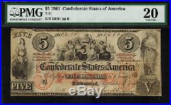 T-31 $5 1861 Confederate Currency CSA Civil War Graded PMG 20 Very Fine