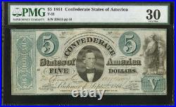 T-33 1861 Confederate States $5 Civil War Obsolete Banknote Currency, PMG VF 30