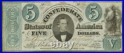 T-33 1861 Confederate States $5 Civil War Obsolete Banknote Currency, PMG VF 30