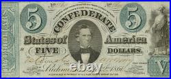 T-33 1861 Confederate States $5 Civil War Obsolete Banknote Currency, PMG VF 30