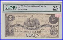T-36 1861 $5 CONFEDERATE STATES CURRENCY CIVIL WAR NOTE PMG 25 Very FINE R3