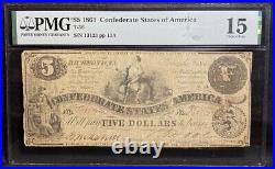 T-36 $5 1861 Confederate States Banknote Civil War Confederacy Money PMG Ch F 15