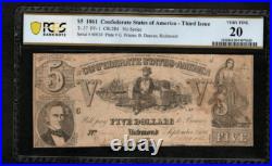 T-37 $5 1861 Confederate States Currency Civil War Banknote, PCGS 20 (AA9)