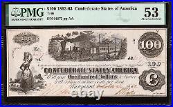 T-39 1862 $100 Confederate CIVIL War Train Note Pmg 53 64872