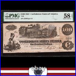 T-39 1862 $100 Confederate CIVIL War Train Note Pmg 58 Epq 22484