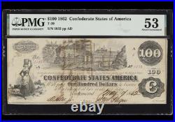 T-39 1862 $100 Confederate States Civil War Charleston Banknote Currency, PMG 53