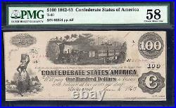 T-40 1862 $100 Confederate Train Note Pmg 58 CIVIL War Money 65224