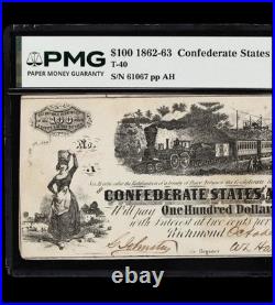 T-40 1862-1863 Confederate States $100 Civil War CSA Banknote Currency, PMG 35