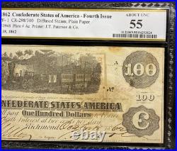 T-40 1862 Confederate States $100 Civil War AUGUSTA GEORGIA Currency, PCGS AU 55