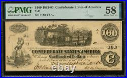 T-40 1862 Confederate States $100 Civil War TALLAHASSEE FL Currency, PMG ChAU 58