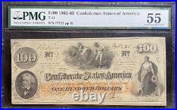T-41 $100 1862-63 Confederate States Banknote Civil War Confederacy, PMG AU 55