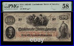 T-41 $100 1862 Confederate Currency CSA Civil War Graded PMG 58 Choice AU
