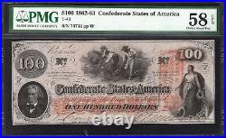 T-41 1862-63 $100 Confederate Currency Pmg 58 Epq CIVIL War Bill 70744