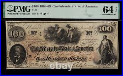 T-41 / PF-11 $100 1862 Confederate Currency CSA Civil War Graded PMG 64 EPQ