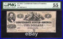 T-42 1862 $2 CONFEDERATE CURRENCY PMG 55 comment Civil War 32011