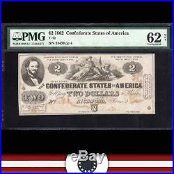 T-42 1862 $2 CONFEDERATE CURRENCY PMG 62 comment Civil War 33436