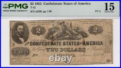 T-42 $2 Confederate Civil War 1862 Rare 1-10 Plate # Error Note PF-4 PMG Fine 15