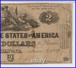 T-42 $2 Confederate Civil War 1862 Rare 1-10 Plate # Error Note PF-4 PMG Fine 15
