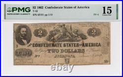 T-42 $2 Confederate Civil War 1862 Rare 1-10 Plate # Error Note PF-4 PMG Fine 15