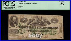T-43 $2 1862 Confederate Currency CSA Civil War Graded PCGS 25 Very Fine