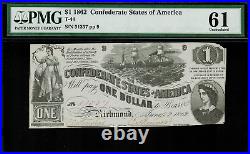 T-44 / PF-3 $1 1862 Confederate Currency CSA Civil War Graded PMG 61 Unc