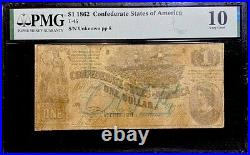 T-45 $1 1862 Confederate States Banknote Civil War Confederacy Money PMG, SCARCE
