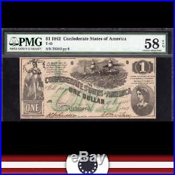 T-45 1862 $1 Confederate Currency Civil War note PMG 55 26334