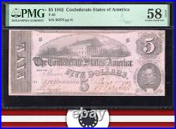 T-53 1862 $5 Confederate Currency Pmg 58 Epq CIVIL War Note 56278