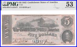 T-53 PF-2 1862 $5 Confederate States Civil War Note Full Framed Beauty! PMG AU53