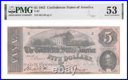 T-53 PF-2 1862 $5 Confederate States Civil War Note Full Framed Beauty! PMG AU53