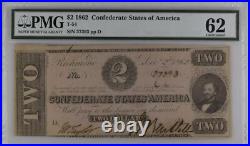 T-54 $2 1862 Confederate States Currency Banknote Civil War Money, PMG MS UNC 62
