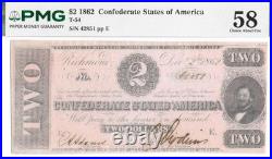 T-54 $2 Confederate Civil War Money Judah P. Benjamin Note PMG AU 58 High Grade