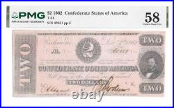 T-54 $2 Confederate Civil War Money Judah P. Benjamin Note PMG AU 58 High Grade