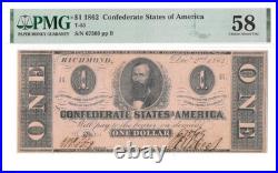 T-55 1862 $1 Confederate States PF-7 PMG AU58 Well Centered Note Civil War Money T-55 1862 $1 Confederate States PF-7 PMG AU58 Well Centered Note Civil War Money