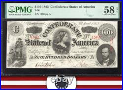 T-56 1863 $100 Confederate Currency Pmg 58 Epq Lucy Pickens CIVIL War Bill 1585