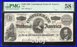T-56 1863 $100 Confederate Currency Pmg 58 Epq Lucy Pickens CIVIL War Bill 1585