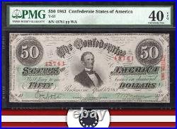 T-57 1863 $50 Confederate Currency Pmg 40 Epq CIVIL War Bill 45761