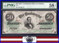 T-57 1863 $50 Confederate Currency Pmg 58 Epq CIVIL War Note 4648
