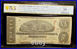 T-58 1863 Confederate States $20 Civil War Obsolete Banknote Currency, PCGS 35