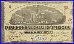 T-58 1863 Confederate States $20 Civil War Obsolete Banknote Currency, PCGS 35
