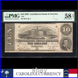 T-59 1863 $10 Confederate Currency Pmg 58 Epq CIVIL War Bill 6918