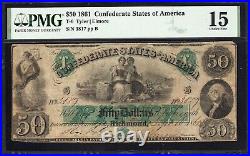 T-6 1861 $50 CONFEDERATE CURRENCY PMG 15 comment CIVIL WAR MONEY 3817