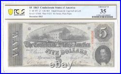 T-60 1863 $5 Confederate Note Pcgs Vf35 CIVIL War Paper Money Full Framed Beauty