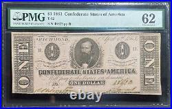 T-62 $1 1863 Confederate States Banknote Civil War Confederacy Money, PMG UNC 62