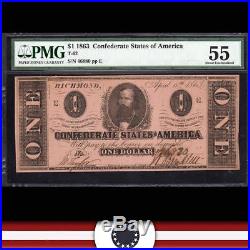 T-62 1863 $1 Confederate Currency PMG 55 comment CIVIL WAR 46880