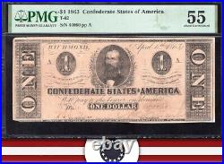 T-62 1863 $1 Confederate Currency Pmg 55 Comment CIVIL War Bill 44060