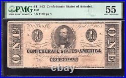 T-62 1863 $1 Confederate Currency Pmg 55 Comment CIVIL War Bill 44060